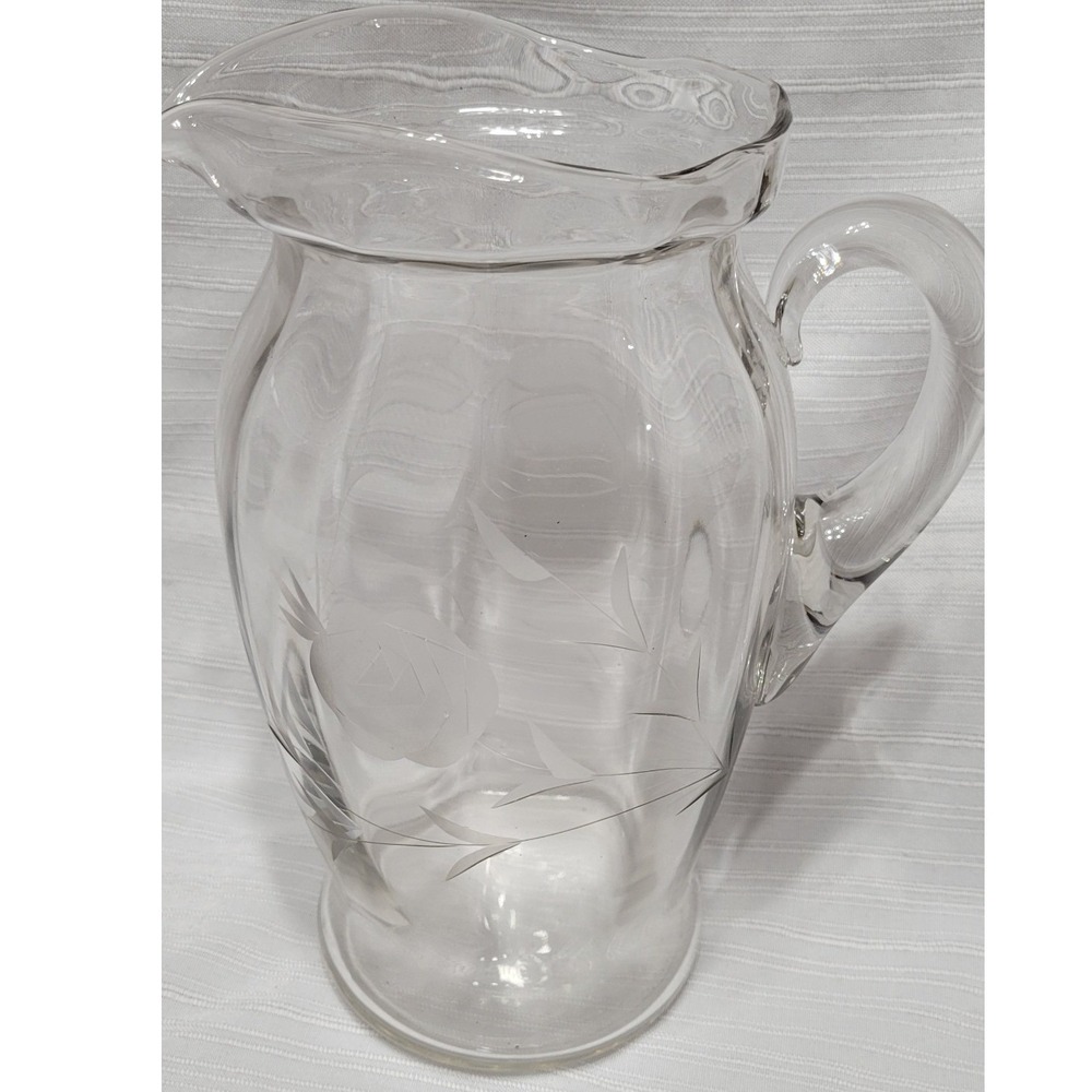 Vintage Beautiful Glass Pitcher Etched Elegant Single Rose Scalloped Edge